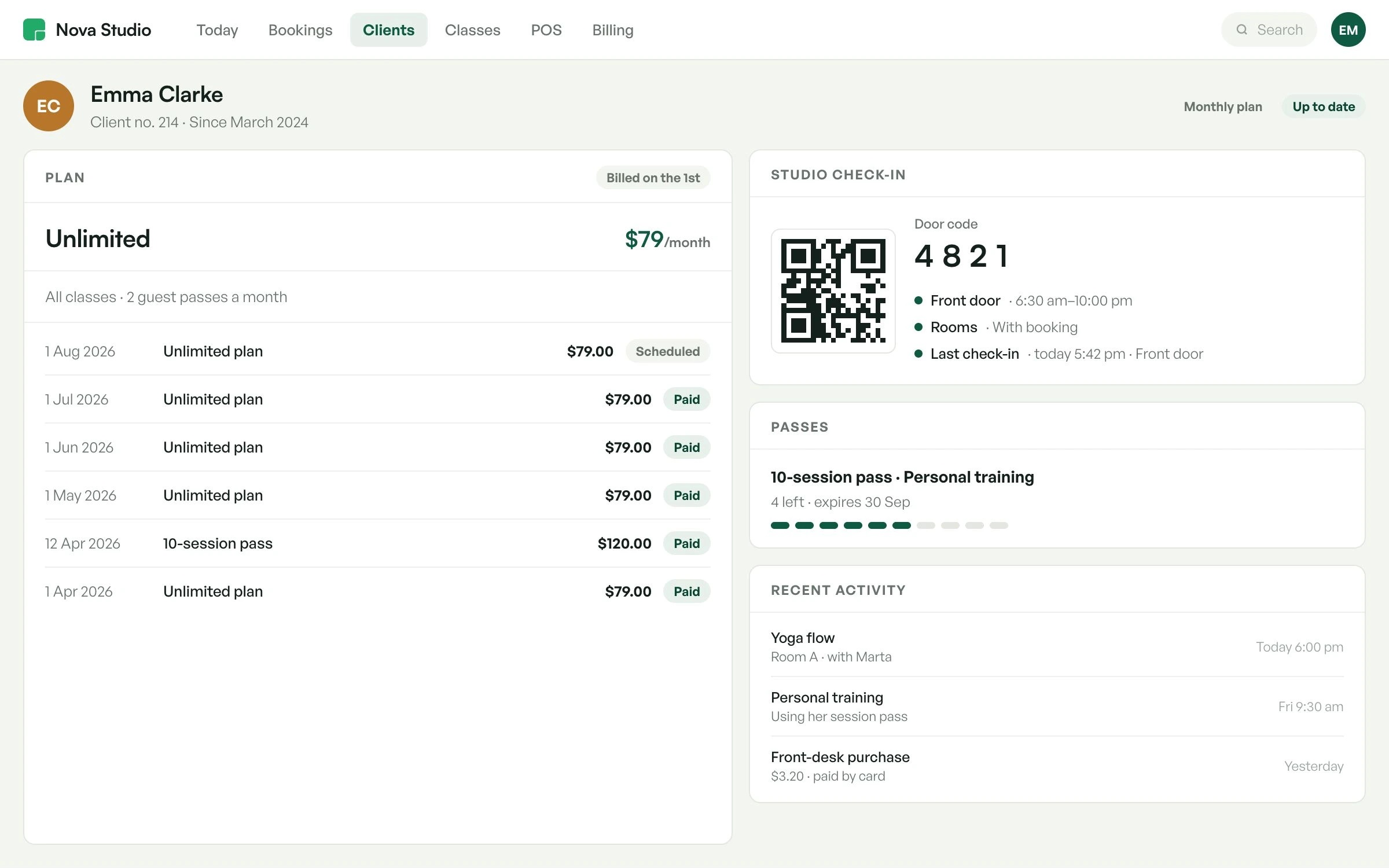 A customer's record in ModuleSnap: her monthly plan and receipts, studio access with QR and door code, passes and recent activity