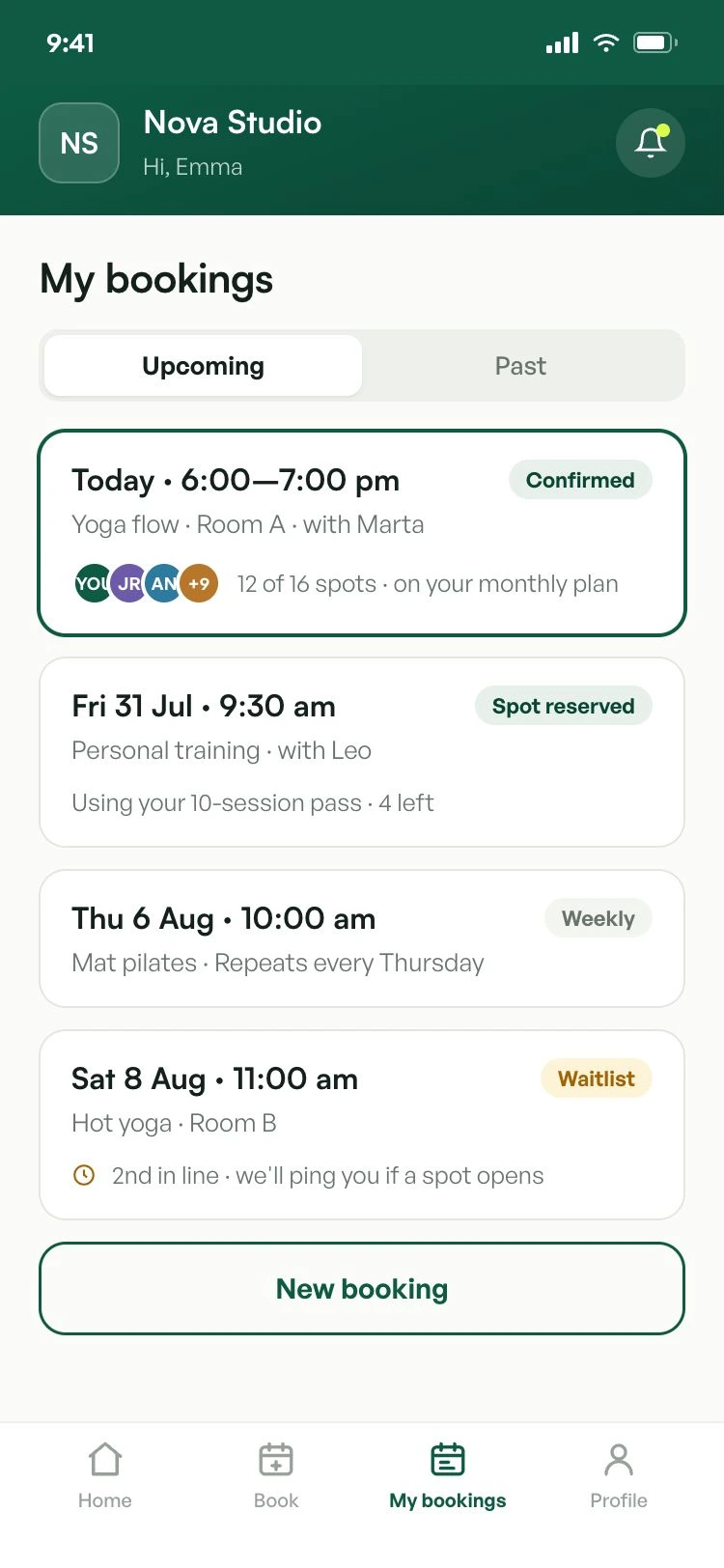 A customer's upcoming bookings in the app: a confirmed yoga class, a training session on a pass, a weekly pilates slot and a class on the waiting list